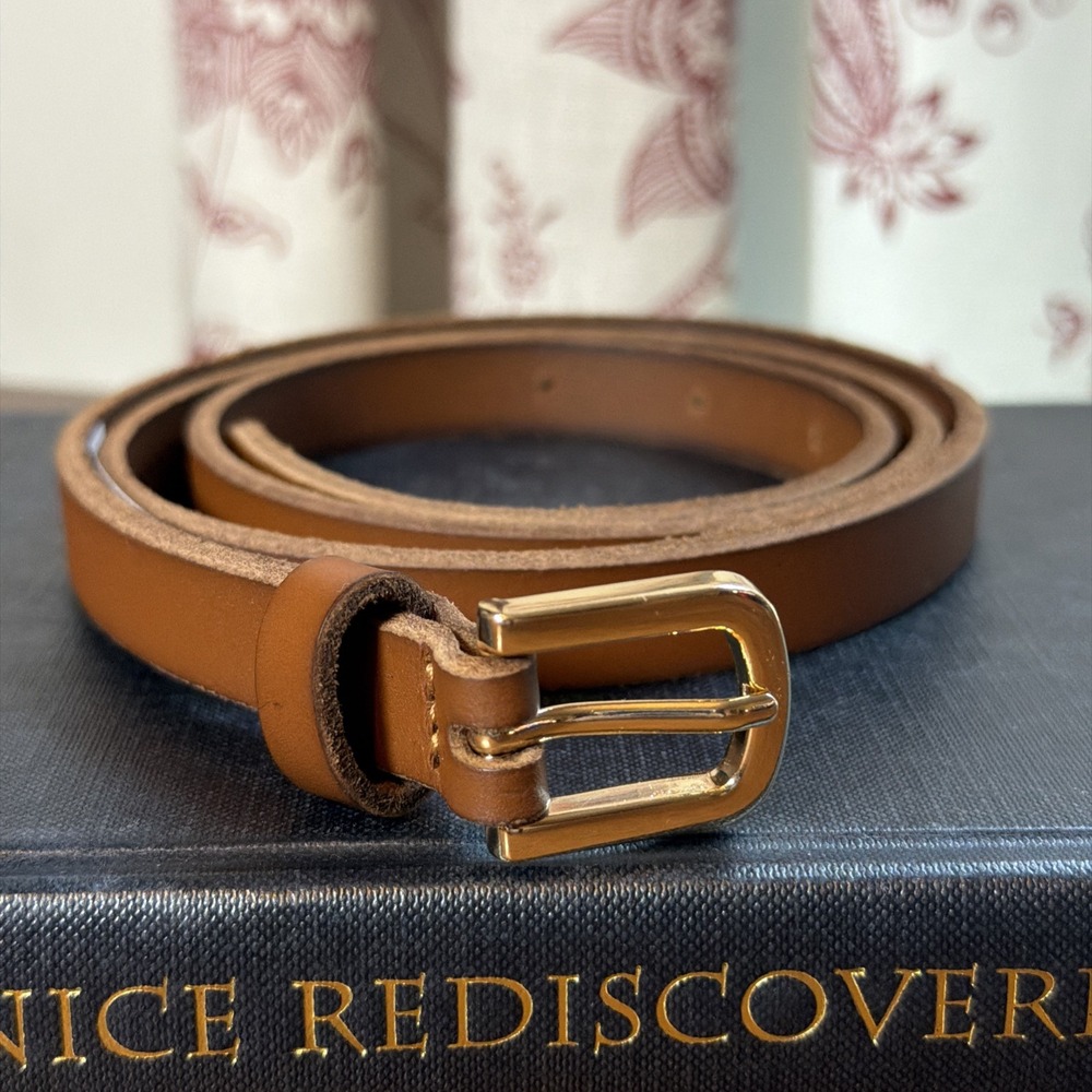 NWOT Lucky Brand Brown Leather Skinny Belt Classic Gold Tone Buckle Women's Sz M